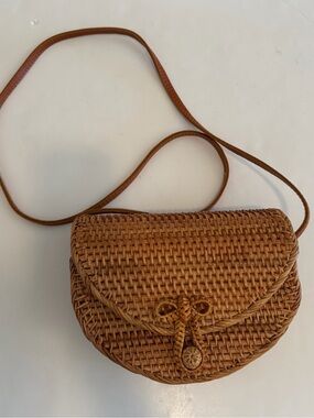 Brown Woven Rattan Crossbody Bag